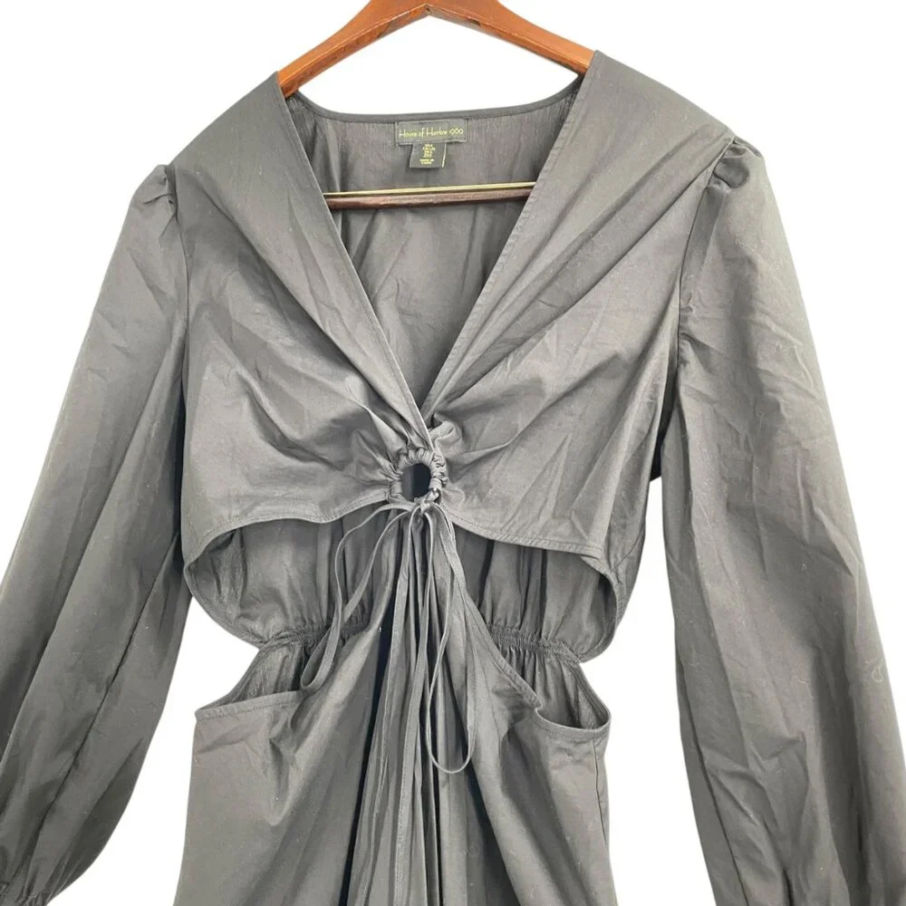 House of Harlow 1960 Black O-Ring Cutout Dress Womens Large LBD Puff Sleeves - Picture 2 of 8